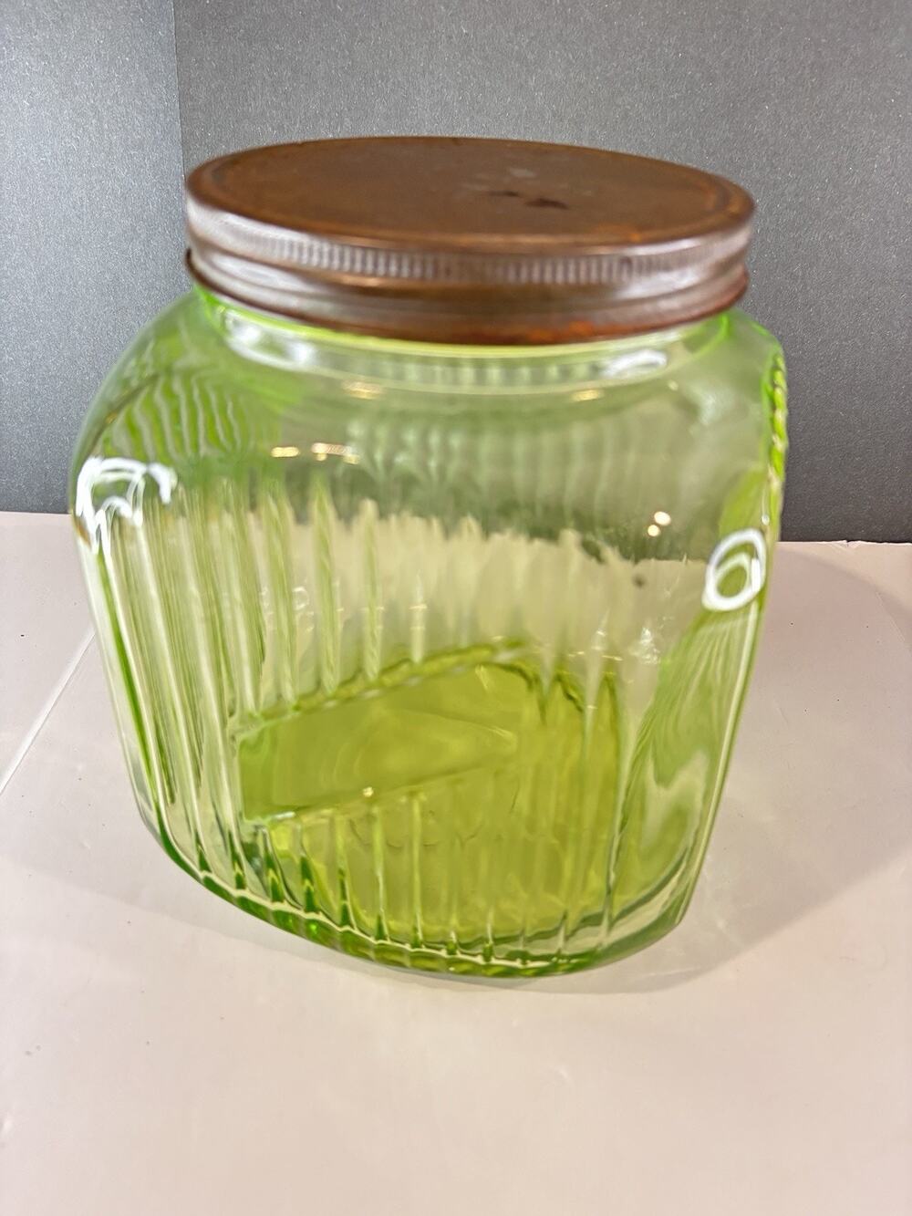 1930s Uranium Vaseline Glass Hoosier Style Canister Jar Ribbed UV Glow Lid